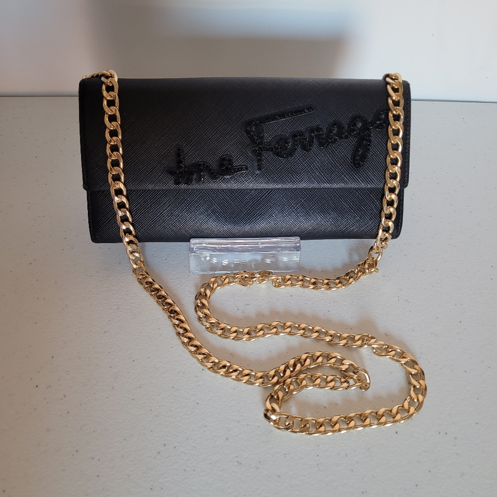 Authentic Salvatore Ferragamo Black Saffiano Leather Signarure Long Wall